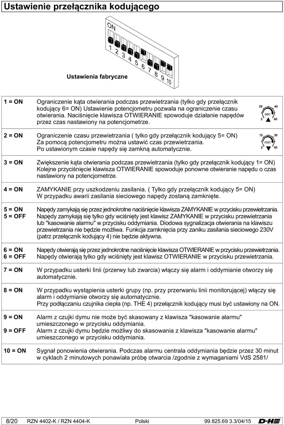 2 = ON Ograniczenie czasu przewietrzania ( tylko gdy przełącznik kodujący 5= ON) Za pomocą potencjometru można ustawić czas przewietrzania. Po ustawionym czasie napędy się zamkną automatycznie.