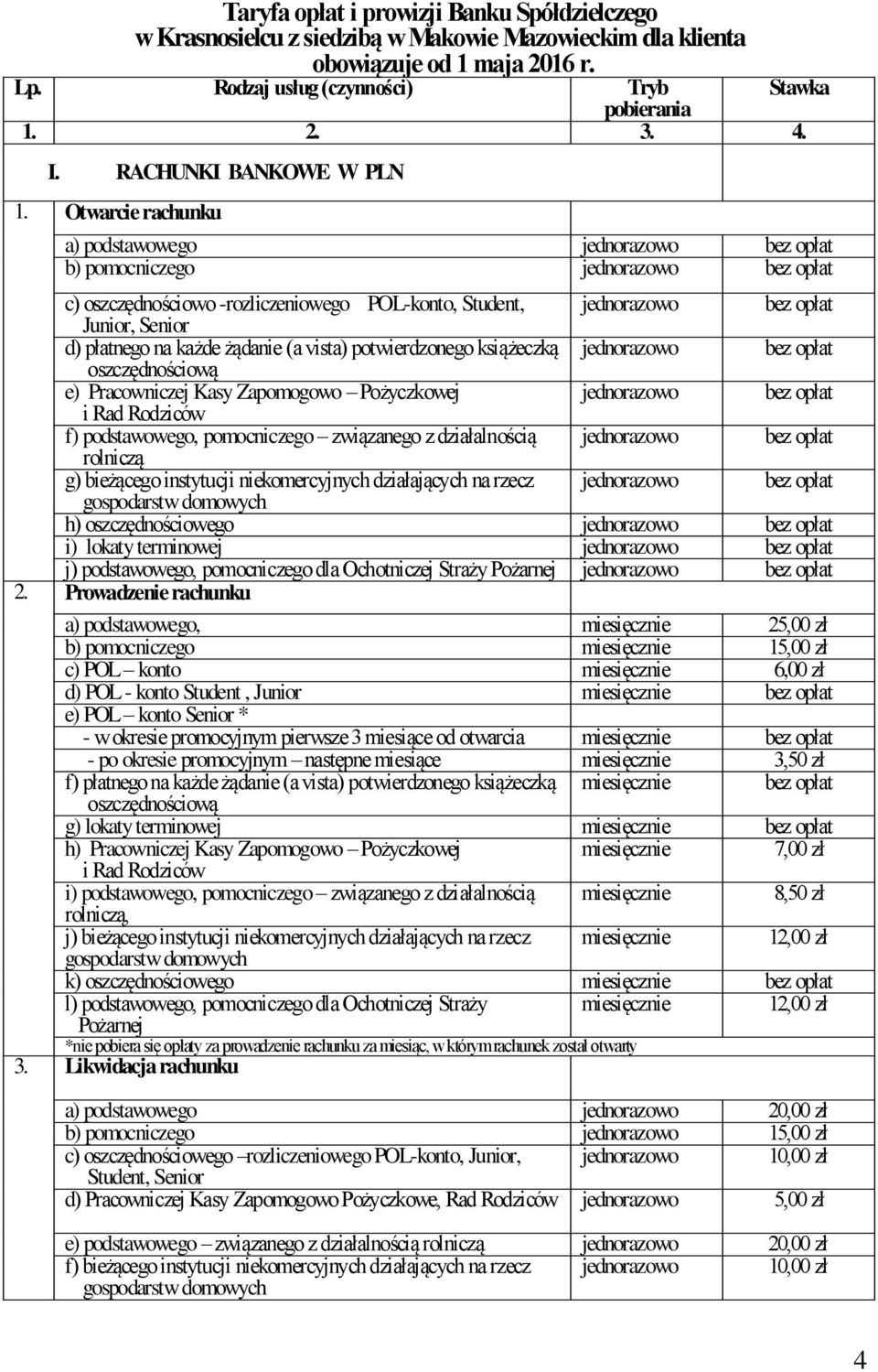 Otwarcie rachunku a) podstawowego jednorazowo b) pomocniczego jednorazowo c) oszczędnościowo -rozliczeniowego POL-konto, Student, Junior, Senior jednorazowo d) płatnego na każde żądanie (a vista)