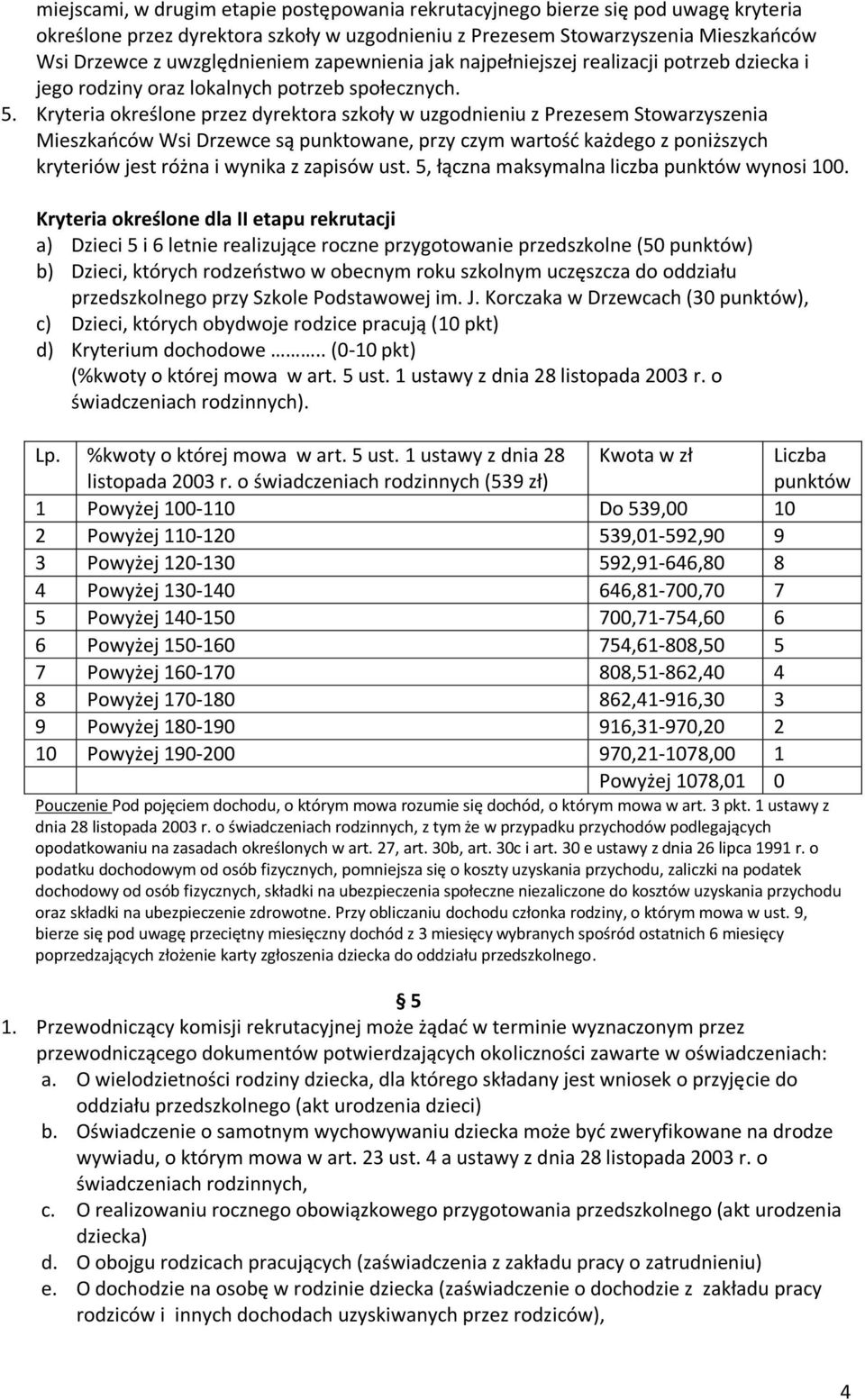 Kryteria określone przez dyrektora szkoły w uzgodnieniu z Prezesem Stowarzyszenia Mieszkańców Wsi Drzewce są punktowane, przy czym wartość każdego z poniższych kryteriów jest różna i wynika z zapisów