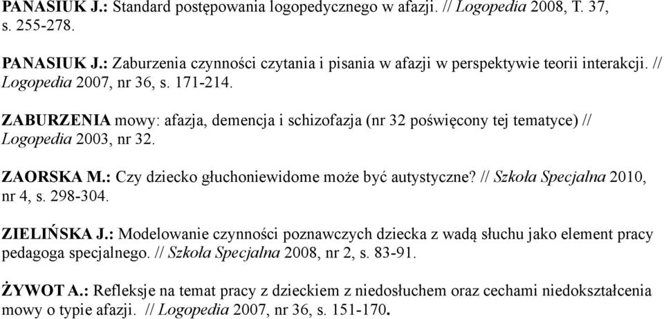 ZABURZENIA mowy: afazja, demencja i schizofazja (nr 32 poświęcony tej tematyce) // Logopedia 2003, nr 32. ZAORSKA M.: Czy dziecko głuchoniewidome może być autystyczne?
