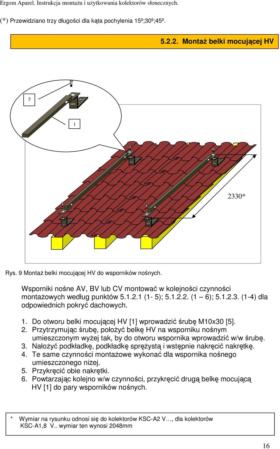 Do otworu belki mocującej HV [1] wprowadzić śrubę M10x30 [5]. 2. Przytrzymując śrubę, połoŝyć belkę HV na wsporniku nośnym umieszczonym wyŝej tak, by do otworu wspornika wprowadzić w/w śrubę. 3.