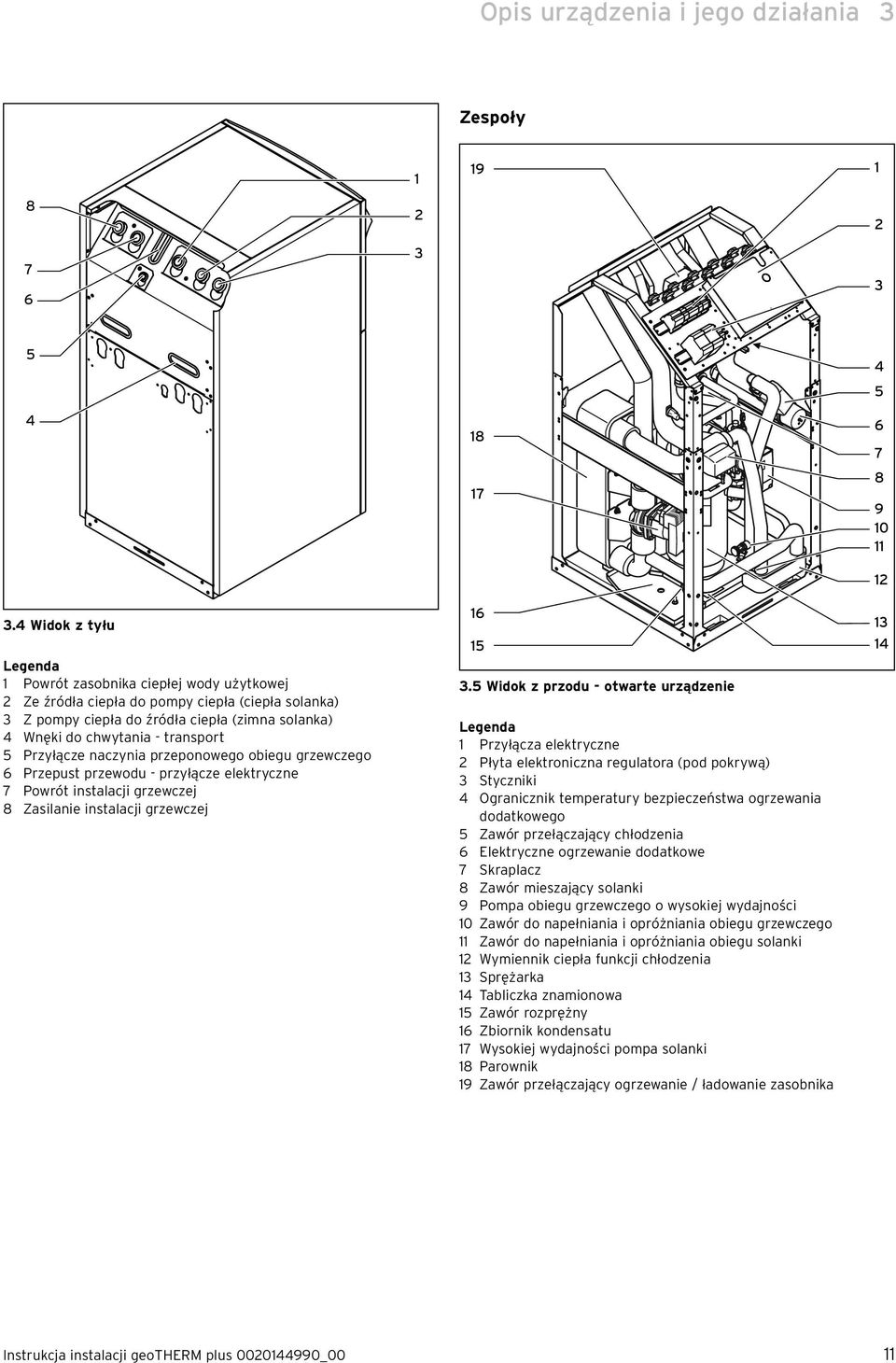 5 Przyłącze naczynia przeponowego obiegu grzewczego 6 Przepust przewodu - przyłącze elektryczne 7 Powrót instalacji grzewczej 8 Zasilanie instalacji grzewczej 18 17 16 15 3.