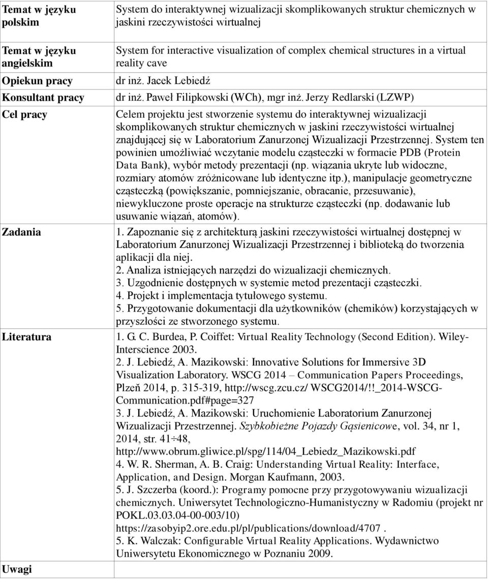 Jerzy Redlarski (LZWP) Celem projektu jest stworzenie systemu do interaktywnej wizualizacji skomplikowanych struktur chemicznych w jaskini rzeczywistości wirtualnej znajdującej się w Laboratorium