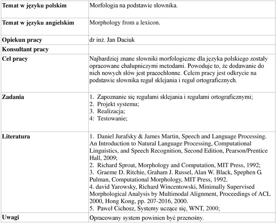 Zapoznanie się regułami sklejania i regułami ortograficznymi; 2. Projekt systemu; 3. Realizacja; 4: Testowanie; 1. Daniel Jurafsky & James Martin, Speech and Language Processing.