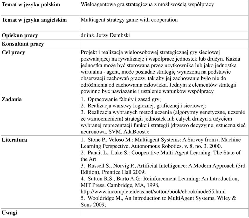 Każda jednostka może być sterowana przez użytkownika lub jako jednostka wirtualna - agent, może posiadać strategię wyuczoną na podstawie obserwacji zachowań graczy, tak aby jej zachowanie było nie do