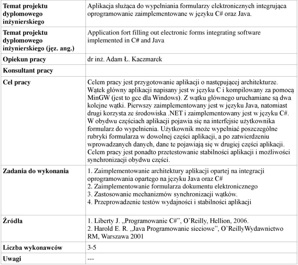 Application fort filling out electronic forms integrating software implemented in C# and Java dr inż. Adam Ł. Kaczmarek Celem pracy jest przygotowanie aplikacji o następującej architekturze.