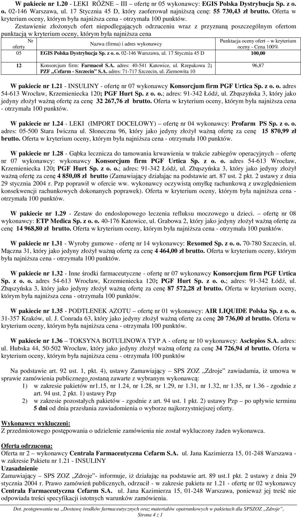 Rzepakowa 2; PZF 96,87 W pakiecie nr 1.21 - INSULINY - ofertę nr 07 wykonawcy Konsorcjum firm PGF Urtica Sp. z o. o. adres 54-613 Wrocław, Krzemieniecka 120; PGF Hurt Sp. z o. o.; adres: 91-342 Łódź, ul.