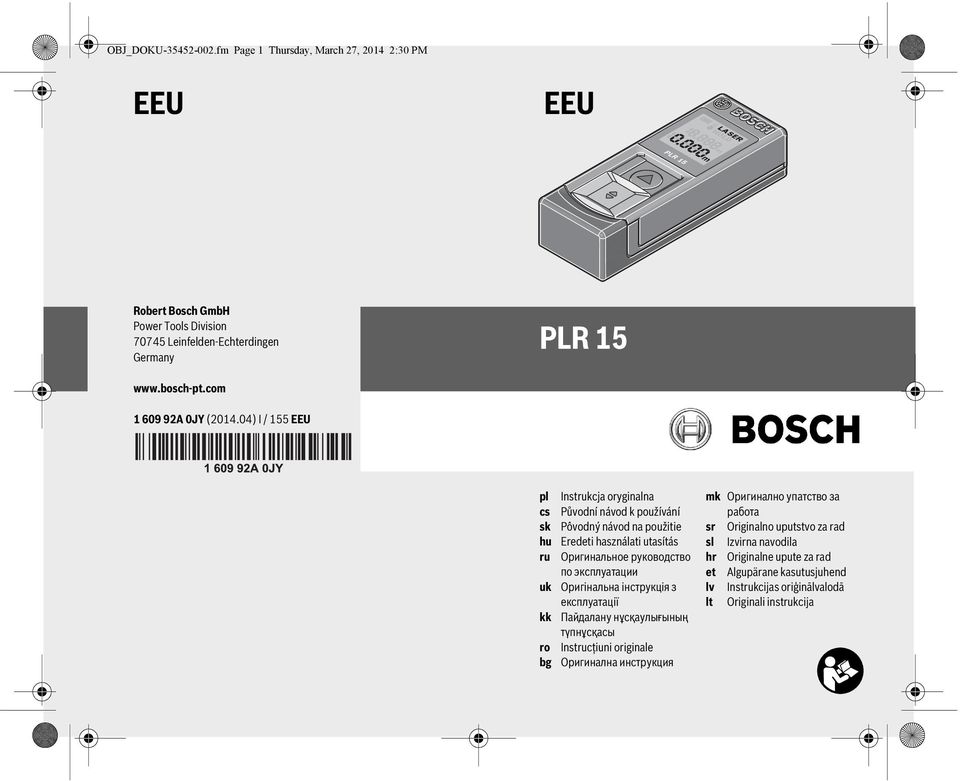 04) I / 155 EEU pl cs sk hu ru uk kk ro bg Instrukcja oryginalna Původní návod k používání Pôvodný návod na použitie Eredeti használati utasítás Оригинальное руководство по