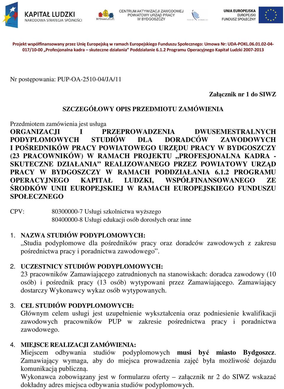 /10-00 Profesjonalna kadra skuteczne działania Poddziałanie 6.1.2 Programu Operacyjnego Kapitał Ludzki 2007-2013 Nr postępowania: PUP-OA-2510-04/JA/11 SZCZEGÓŁOWY OPIS PRZEDMIOTU ZAMÓWIENIA Załącznik