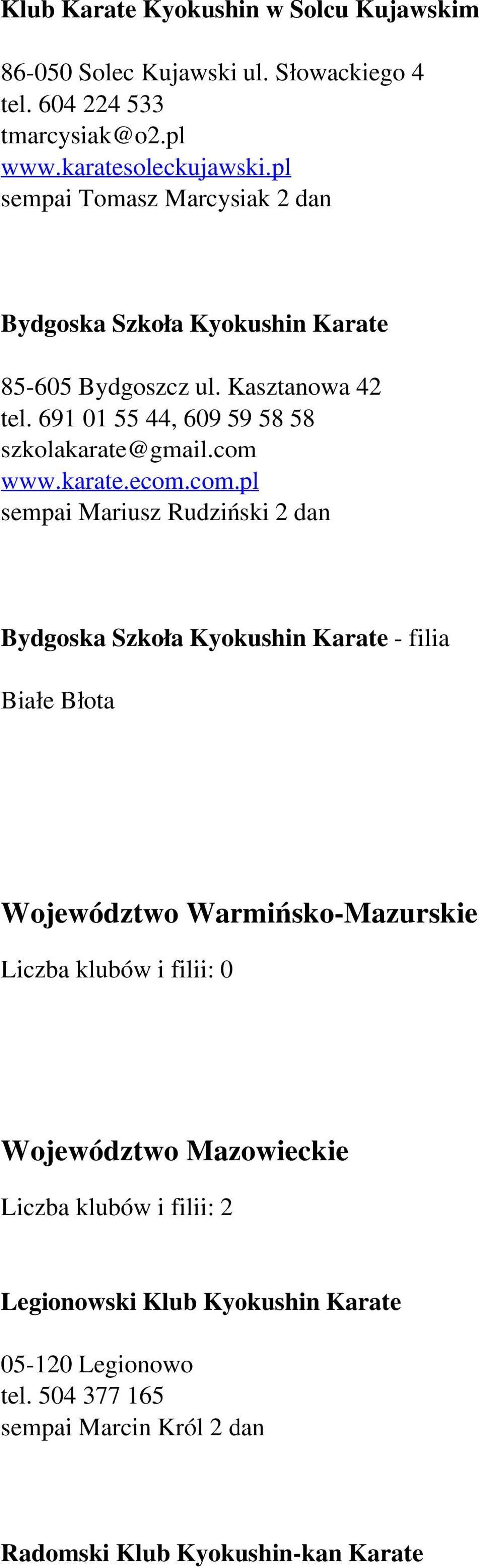 com www.karate.ecom.com.pl sempai Mariusz Rudziński 2 dan Bydgoska Szkoła Kyokushin Karate - filia Białe Błota Województwo Warmińsko-Mazurskie Liczba klubów i