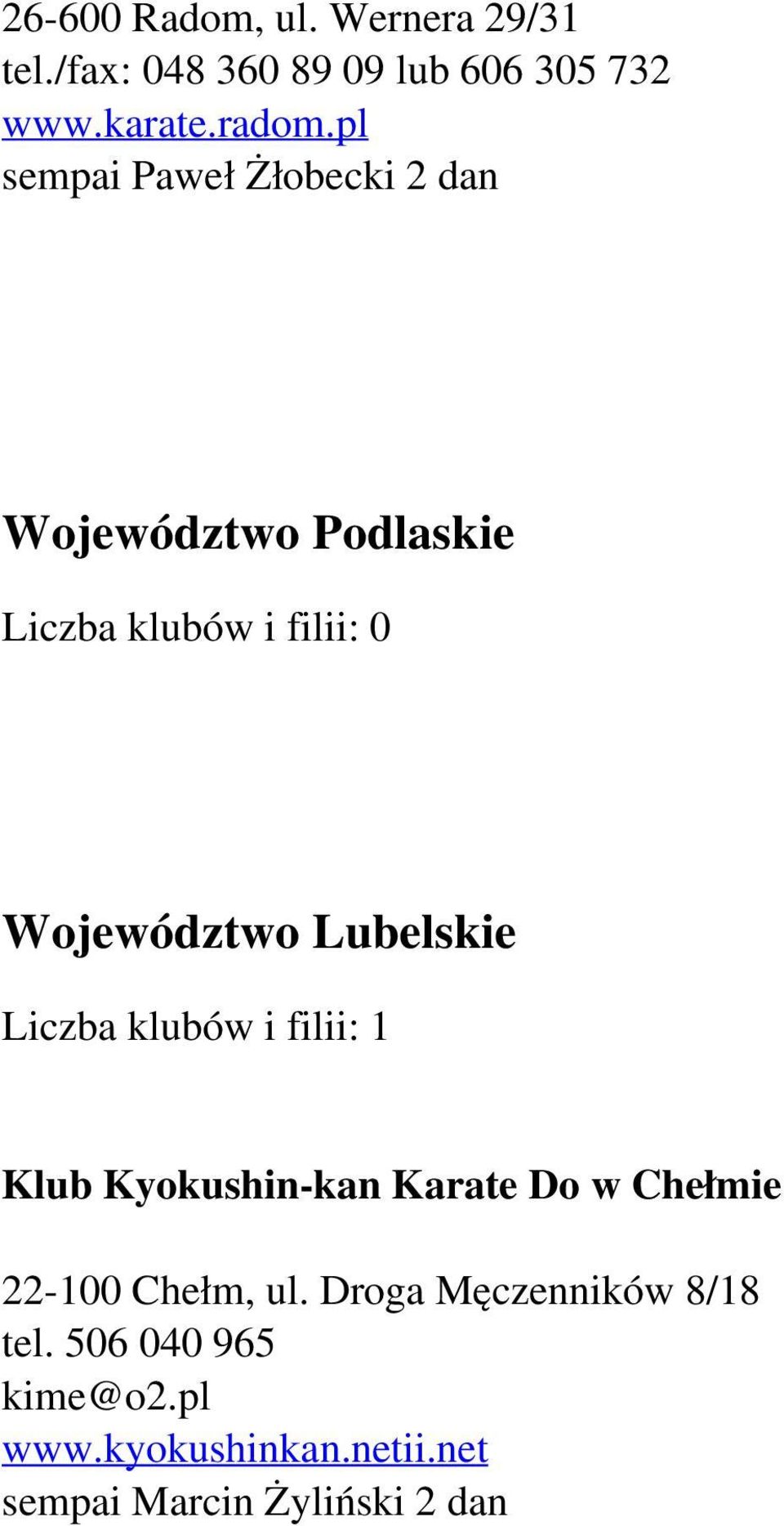 Liczba klubów i filii: 1 Klub Kyokushin-kan Karate Do w Chełmie 22-100 Chełm, ul.