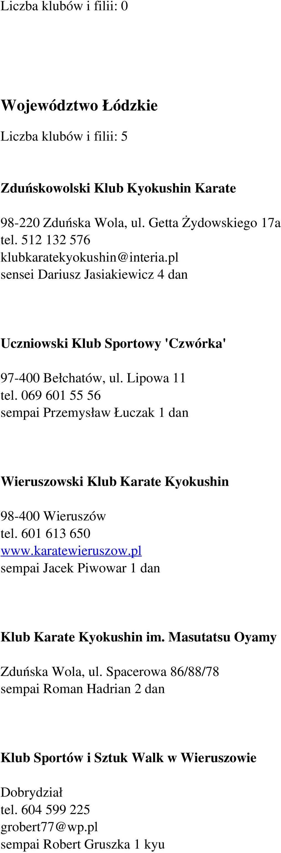 069 601 55 56 sempai Przemysław Łuczak 1 dan Wieruszowski Klub Karate Kyokushin 98-400 Wieruszów tel. 601 613 650 www.karatewieruszow.