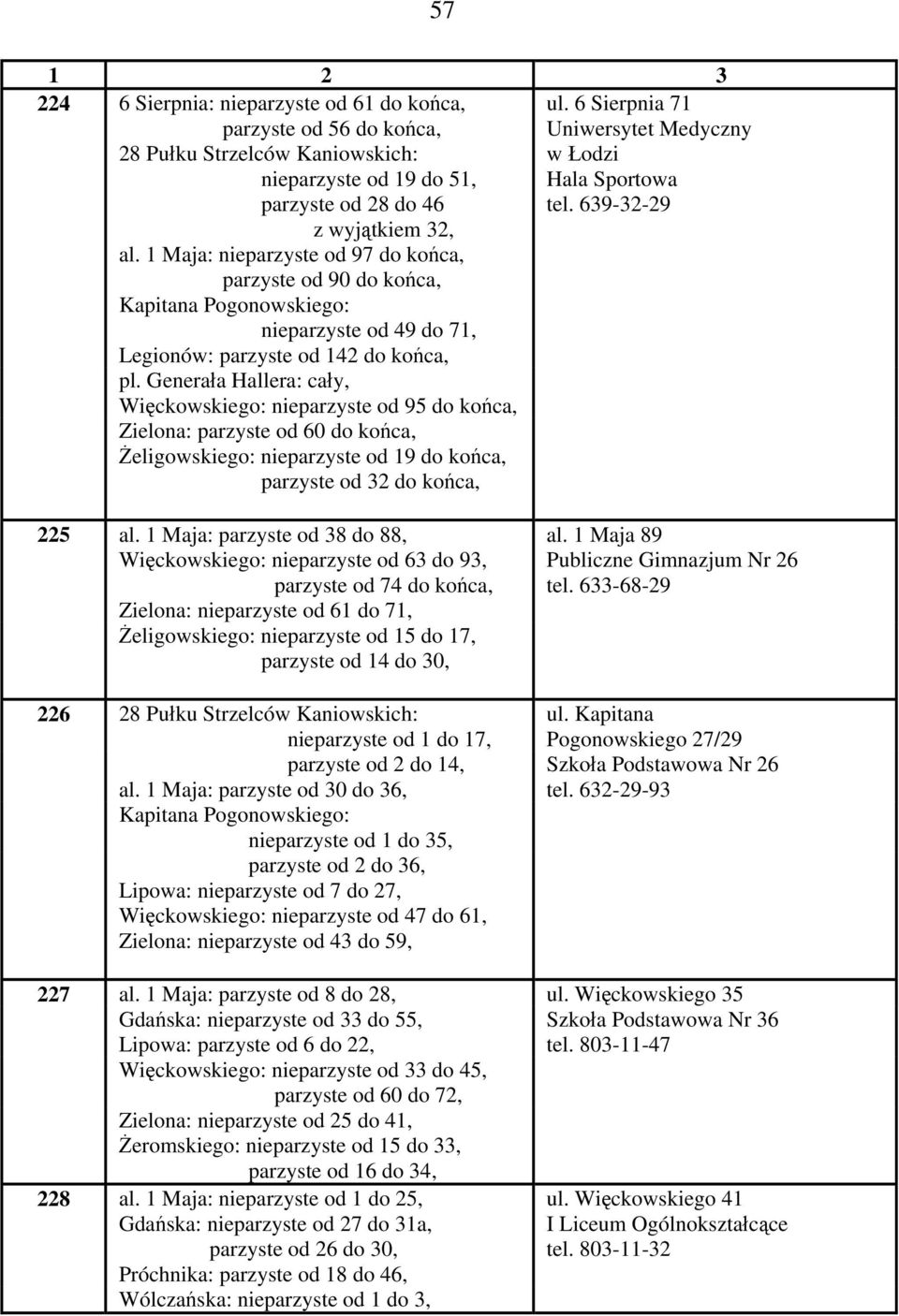 1 Maja: nieparzyste od 97 do końca, parzyste od 90 do końca, Kapitana Pogonowskiego: nieparzyste od 49 do 71, Legionów: parzyste od 142 do końca, pl.