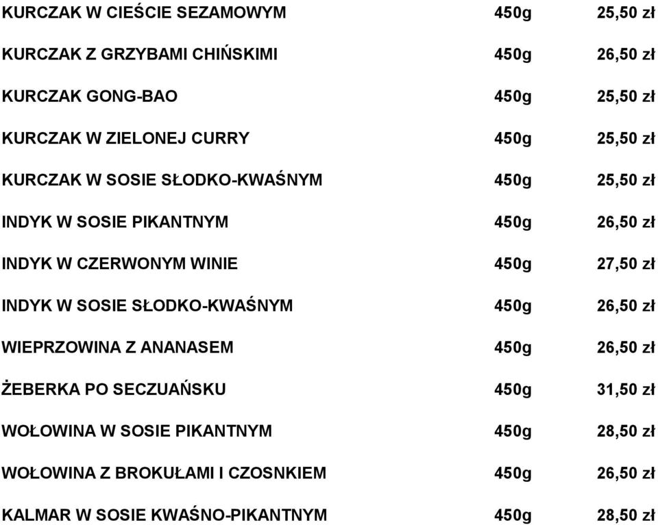 WINIE 450g 27,50 zł INDYK W SOSIE SŁODKO-KWAŚNYM 450g 26,50 zł WIEPRZOWINA Z ANANASEM 450g 26,50 zł ŻEBERKA PO SECZUAŃSKU 450g