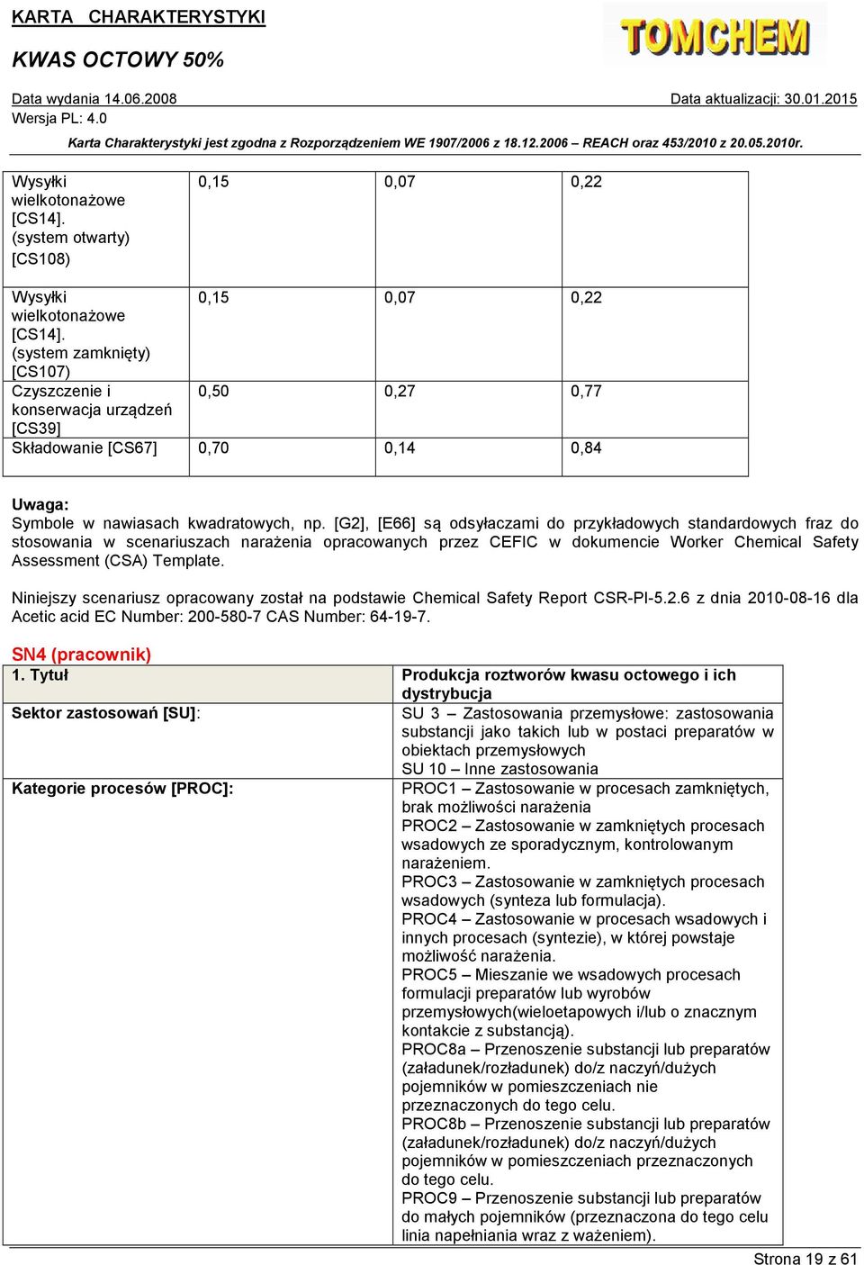 [G2], [E66] są odsyłaczami do przykładowych standardowych fraz do stosowania w scenariuszach narażenia opracowanych przez CEFIC w dokumencie Worker Chemical Safety Assessment (CSA) Template.