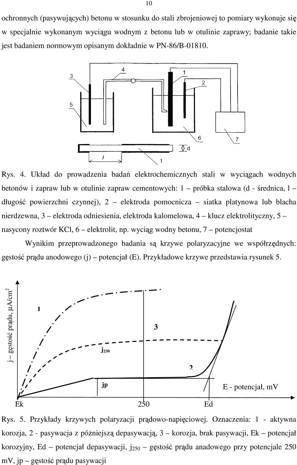 Układ do prowadzenia badań elektrochemicznych stali w wyciągach wodnych betonów i zapraw lub w otulinie zapraw cementowych: 1 próbka stalowa (d - średnica, l długość powierzchni czynnej), 2 elektroda