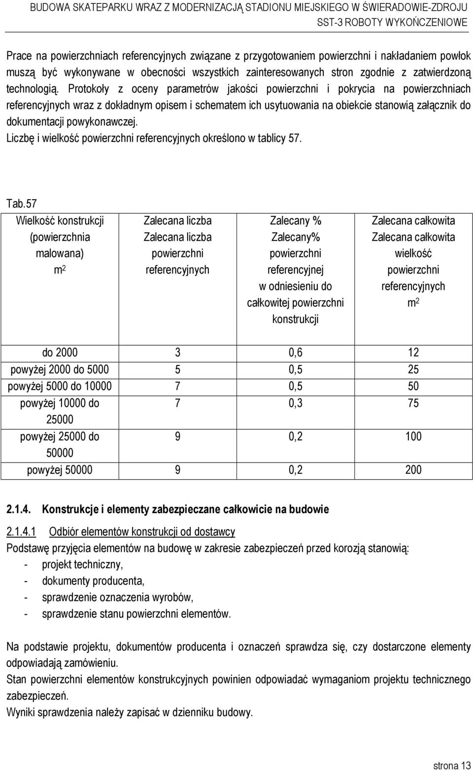 powykonawczej. Liczbę i wielkość powierzchni referencyjnych określono w tablicy 57. Tab.