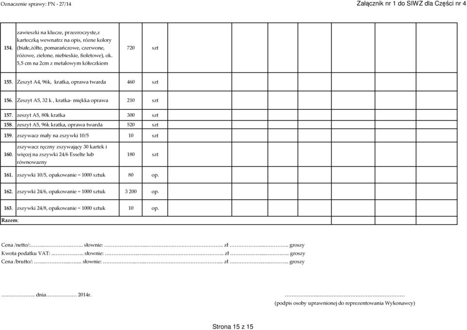 zeszyt A5, 96k kratka, oprawa twarda 520 szt 159. zszywacz mały na zszywki 10/5 10 szt 160. zszywacz ręczny zszywający 30 kartek i więcej na zszywki 24/6 Esselte lub równowazny 180 szt 161.