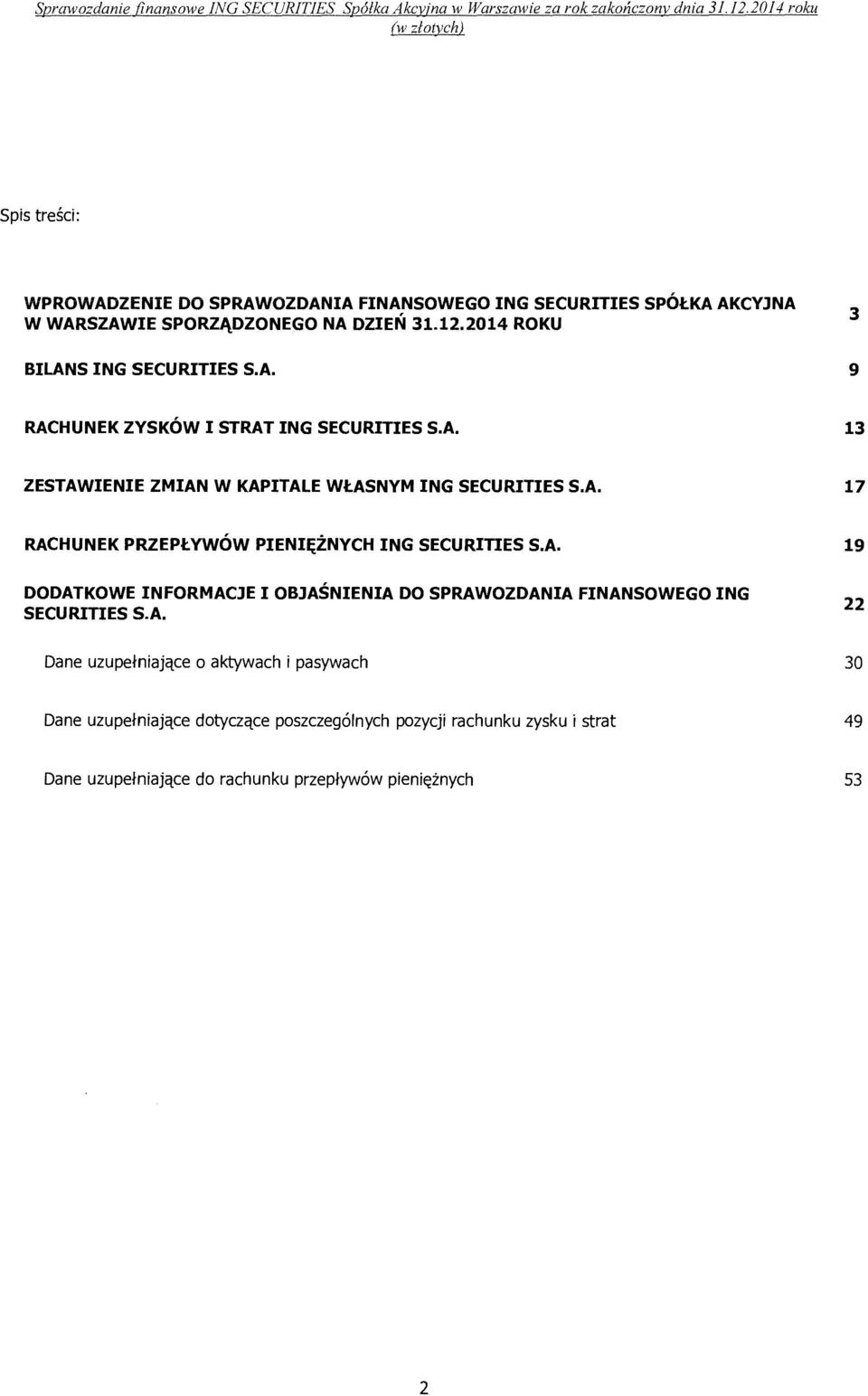 2014 ROKU BILANS ING SECURITIES S.A. 3 9 RACHUNEK ZYSKOW I STRAT ING SECURITIES S.A. 13 ZESTAWIENIE ZMIAN W KAPITALE WtASNYM ING SECURITIES S.A. 17 RACHUNEK PRZEPtYWOW PIENI~ZNYCH ING SECURITIES S.