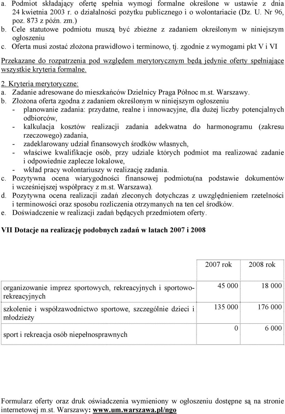 zgodnie z wymogami pkt V i VI Przekazane do rozpatrzenia pod względem merytorycznym będą jedynie oferty spełniające wszystkie kryteria formalne. 2. Kryteria merytoryczne: a.