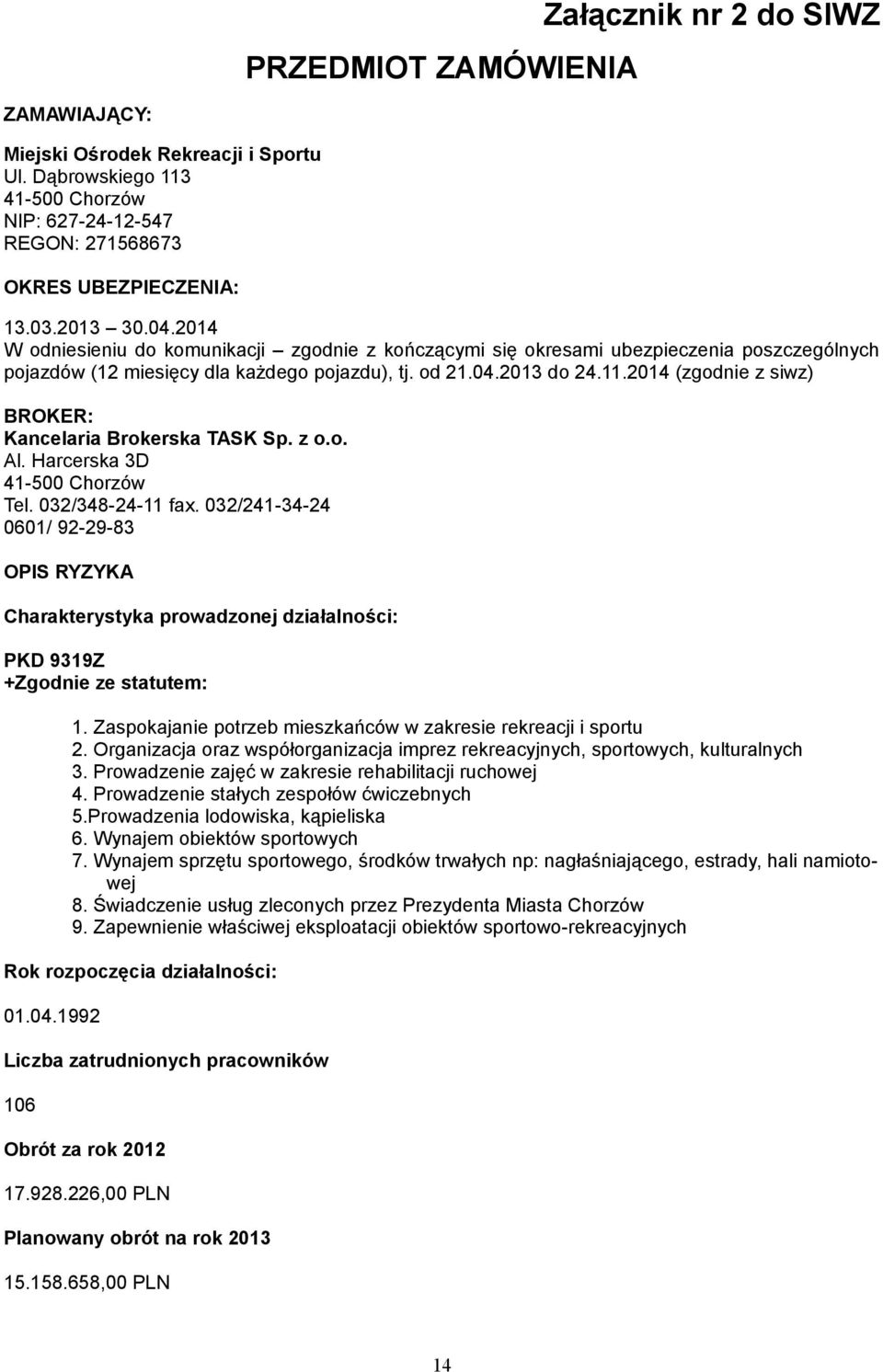 2014 (zgodnie z siwz) BROKER: Kancelaria Brokerska TASK Sp. z o.o. Al. Harcerska 3D 41-500 Chorzów Tel. 032/348-24-11 fax.