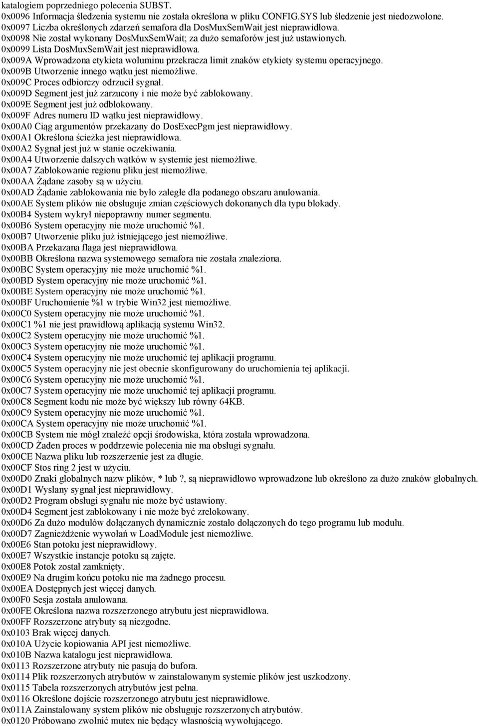 0x0099 Lista DosMuxSemWait jest nieprawidłowa. 0x009A Wprowadzona etykieta woluminu przekracza limit znaków etykiety systemu operacyjnego. 0x009B Utworzenie innego wątku jest niemożliwe.