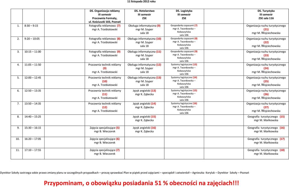 13:50 14:35 (12) Obsługa informatyczna (9) Obsługa informatyczna (10) Obsługa informatyczna (11) Obsługa informatyczna (12) Obsługa informatyczna (13) Język angielski (13) Język angielski (14) 8.