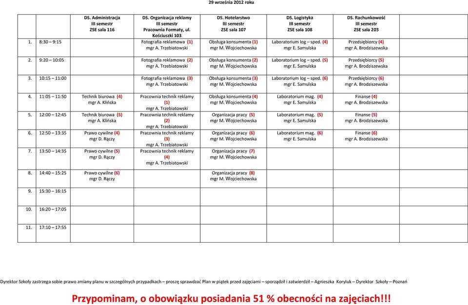 (6) Przedsiębiorcy (6) 4. 11:05 11:50 Technik biurowa (4) 5. 12:00 12:45 Technik biurowa (5) 6. 12:50 13:35 Prawo cywilne (4) 7.