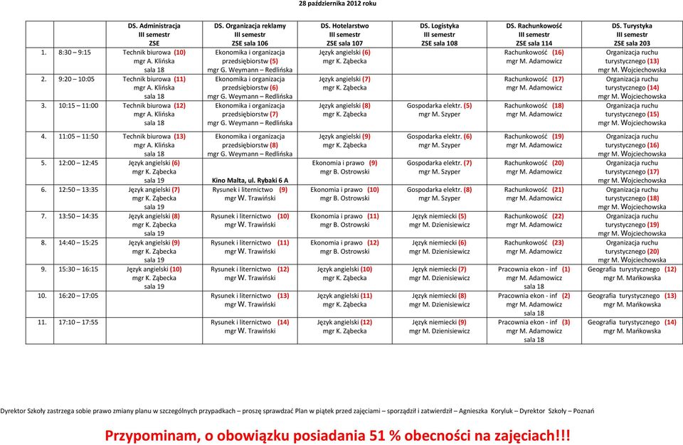 (5) sala 114 Rachunkowość (16) Rachunkowość (17) Rachunkowość (18) sala 203 turystycznego (13) turystycznego (14) turystycznego (15) 4. 11:05 11:50 Technik biurowa (13) 5.