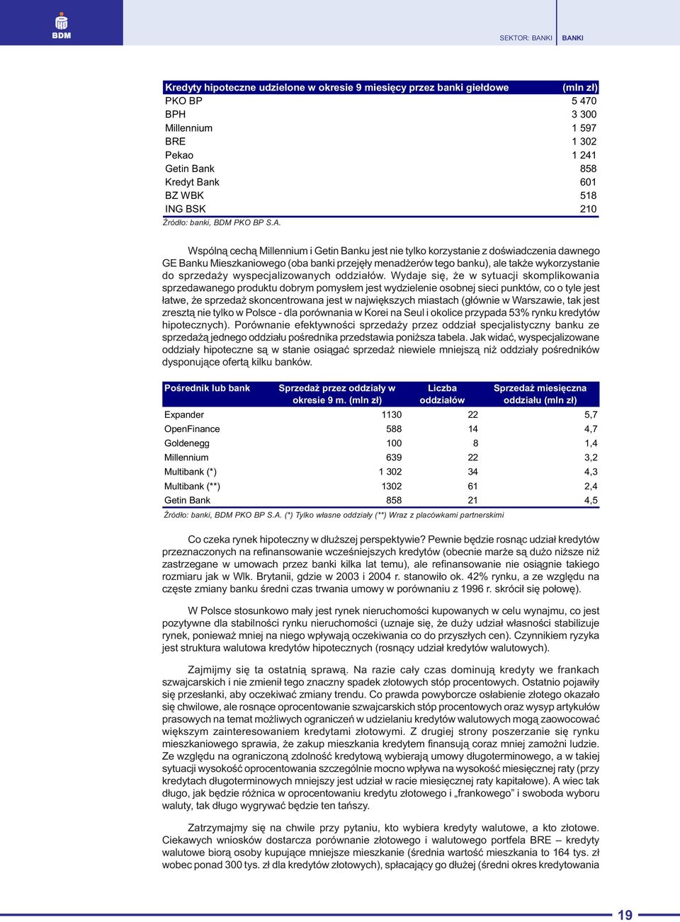Wspóln¹ cech¹ Millennium i Getin Banku jest nie tylko korzystanie z doœwiadczenia dawnego GE Banku Mieszkaniowego (oba banki przejê³y menad erów tego banku), ale tak e wykorzystanie do sprzeda y