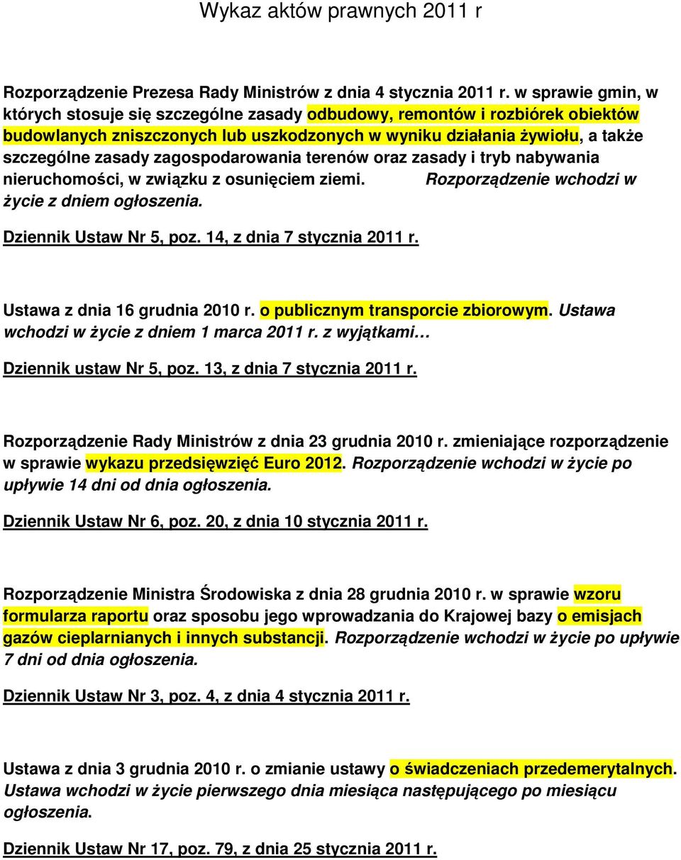 zagospodarowania terenów oraz zasady i tryb nabywania nieruchomości, w związku z osunięciem ziemi. Rozporządzenie wchodzi w Ŝycie z dniem Dziennik Ustaw Nr 5, poz. 14, z dnia 7 stycznia 2011 r.