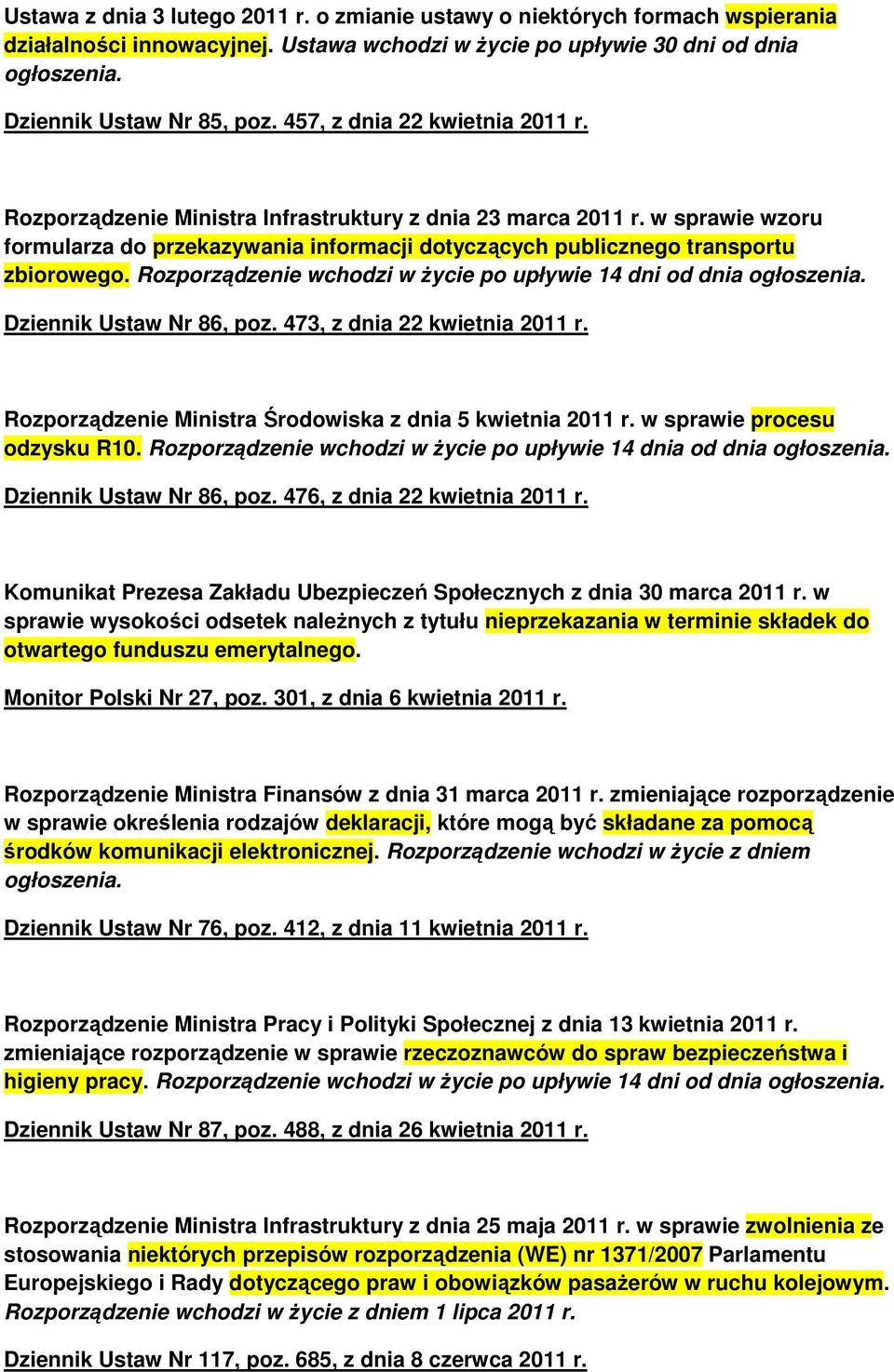 Rozporządzenie wchodzi w Ŝycie po upływie 14 dni od dnia Dziennik Ustaw Nr 86, poz. 473, z dnia 22 kwietnia 2011 r. Rozporządzenie Ministra Środowiska z dnia 5 kwietnia 2011 r.