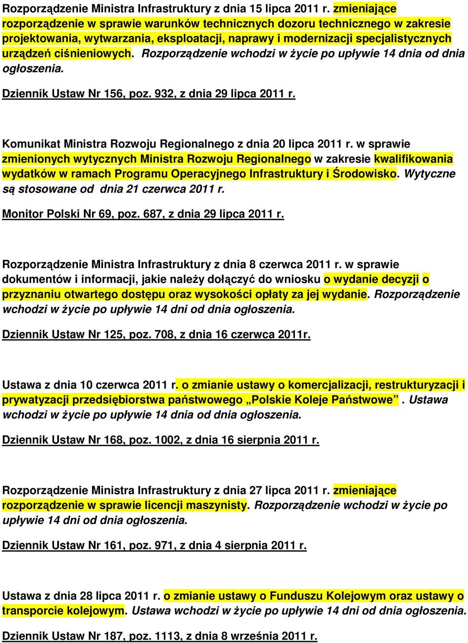 Rozporządzenie wchodzi w Ŝycie po upływie 14 dnia od dnia Dziennik Ustaw Nr 156, poz. 932, z dnia 29 lipca 2011 r. Komunikat Ministra Rozwoju Regionalnego z dnia 20 lipca 2011 r.