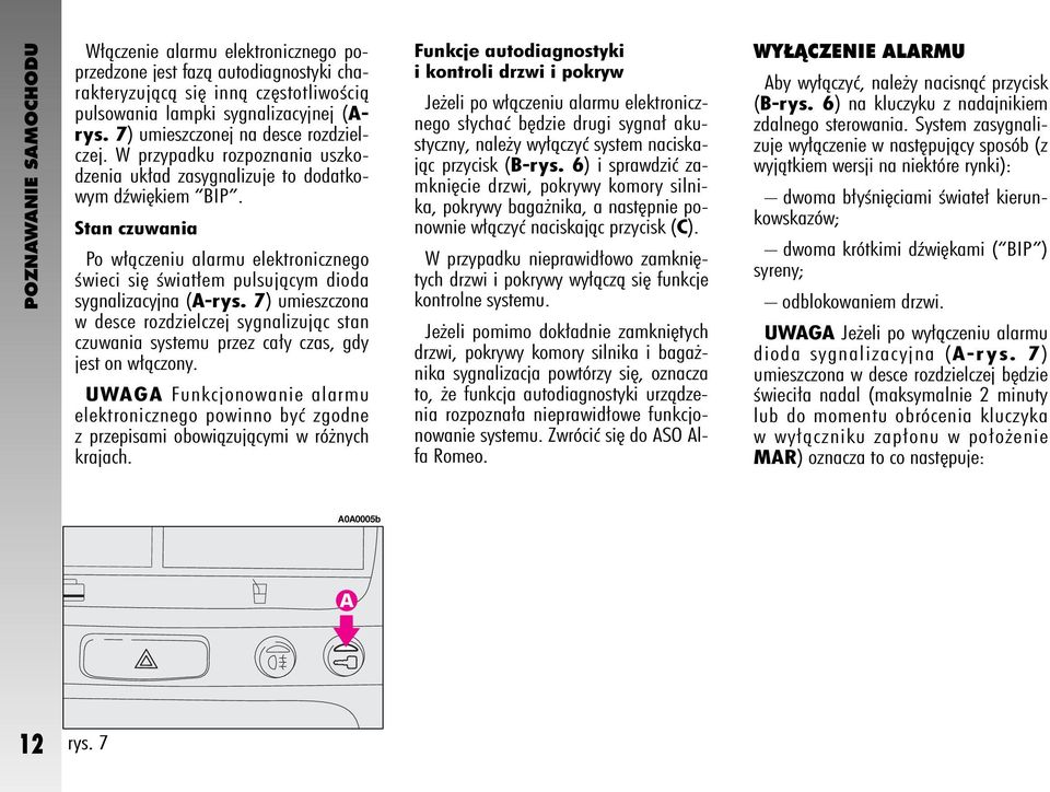 Stan czuwania Po w àczeniu alarmu elektronicznego Êwieci si Êwiat em pulsujàcym dioda sygnalizacyjna (A-rys.