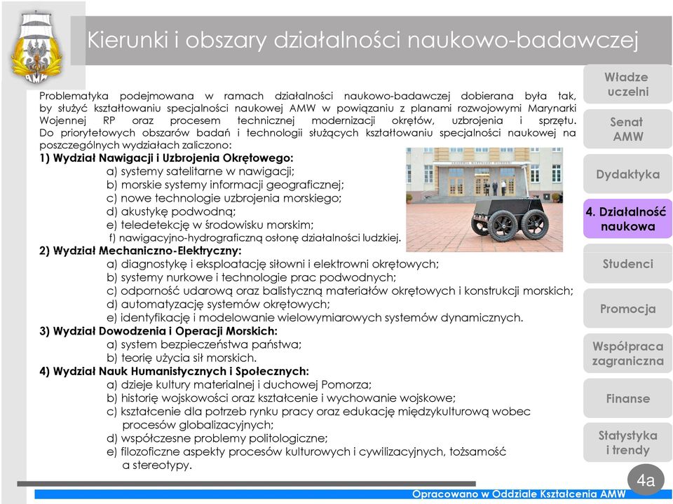 Do priorytetowych obszarów badań i technologii służących kształtowaniu specjalności naukowej na poszczególnych wydziałach zaliczono: 1) Wydział Nawigacji i Uzbrojenia Okrętowego: a) systemy