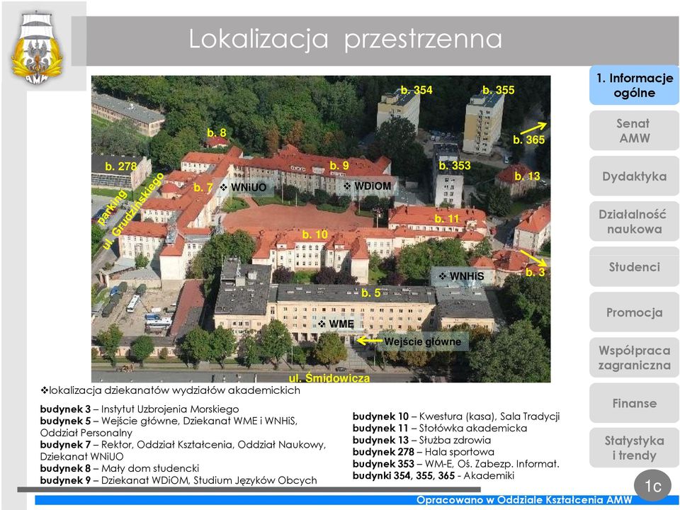 budynek 7 Rektor, Oddział Kształcenia, Oddział Naukowy, Dziekanat WNiUO budynek 8 Mały dom studencki budynek 9 Dziekanat WDiOM, Studium Języków Obcych WME b.