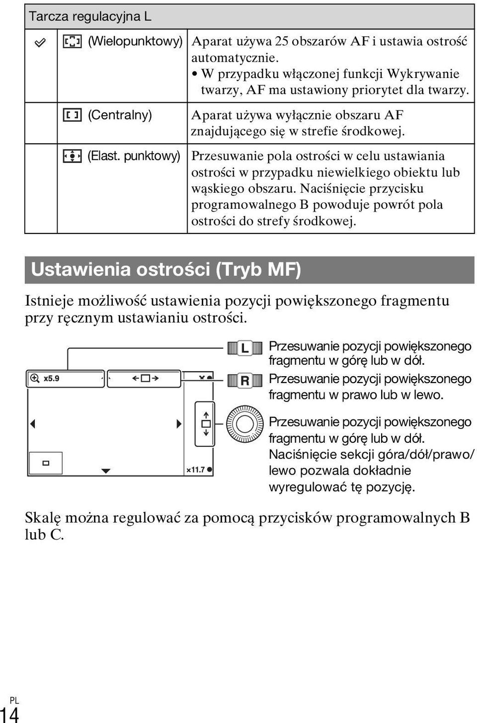 Przesuwanie pola ostrości w celu ustawiania ostrości w przypadku niewielkiego obiektu lub wąskiego obszaru. Naciśnięcie przycisku programowalnego B powoduje powrót pola ostrości do strefy środkowej.