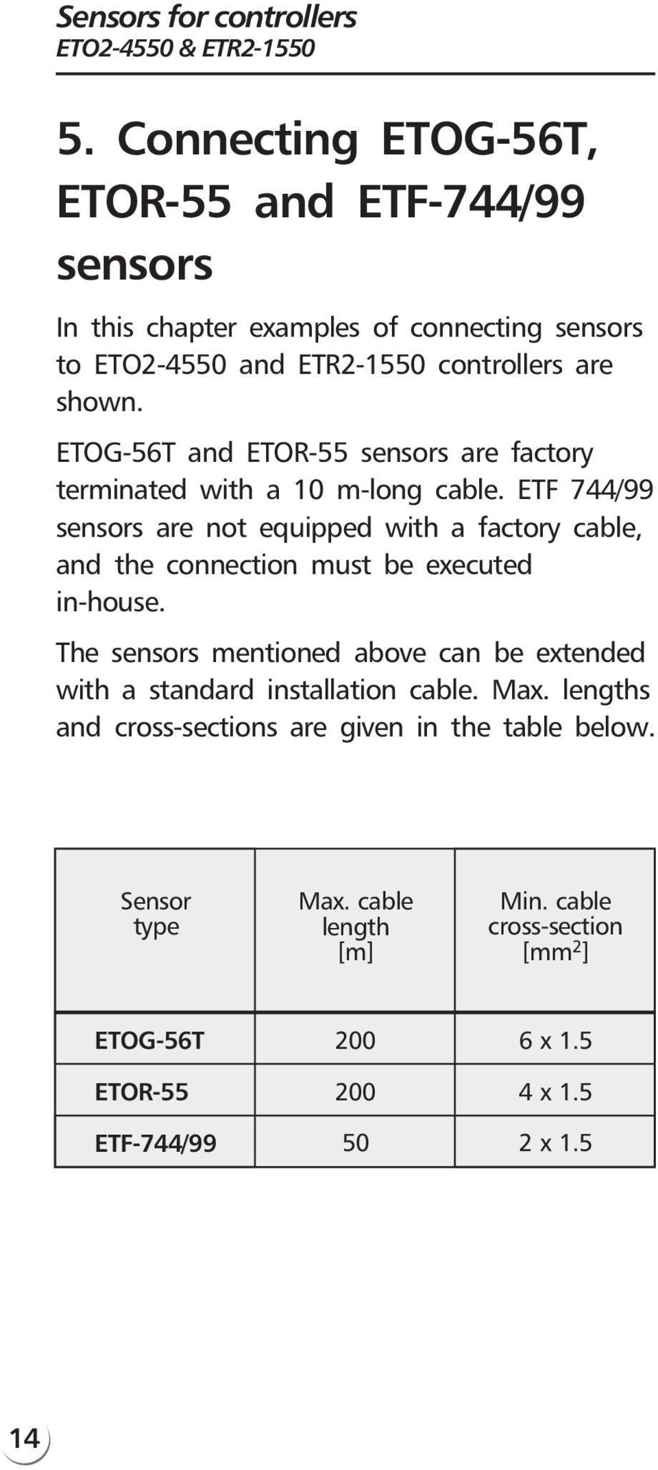 ETOG-56T and ETOR-55 sensors are factory terminated with a 10 m-long cable.