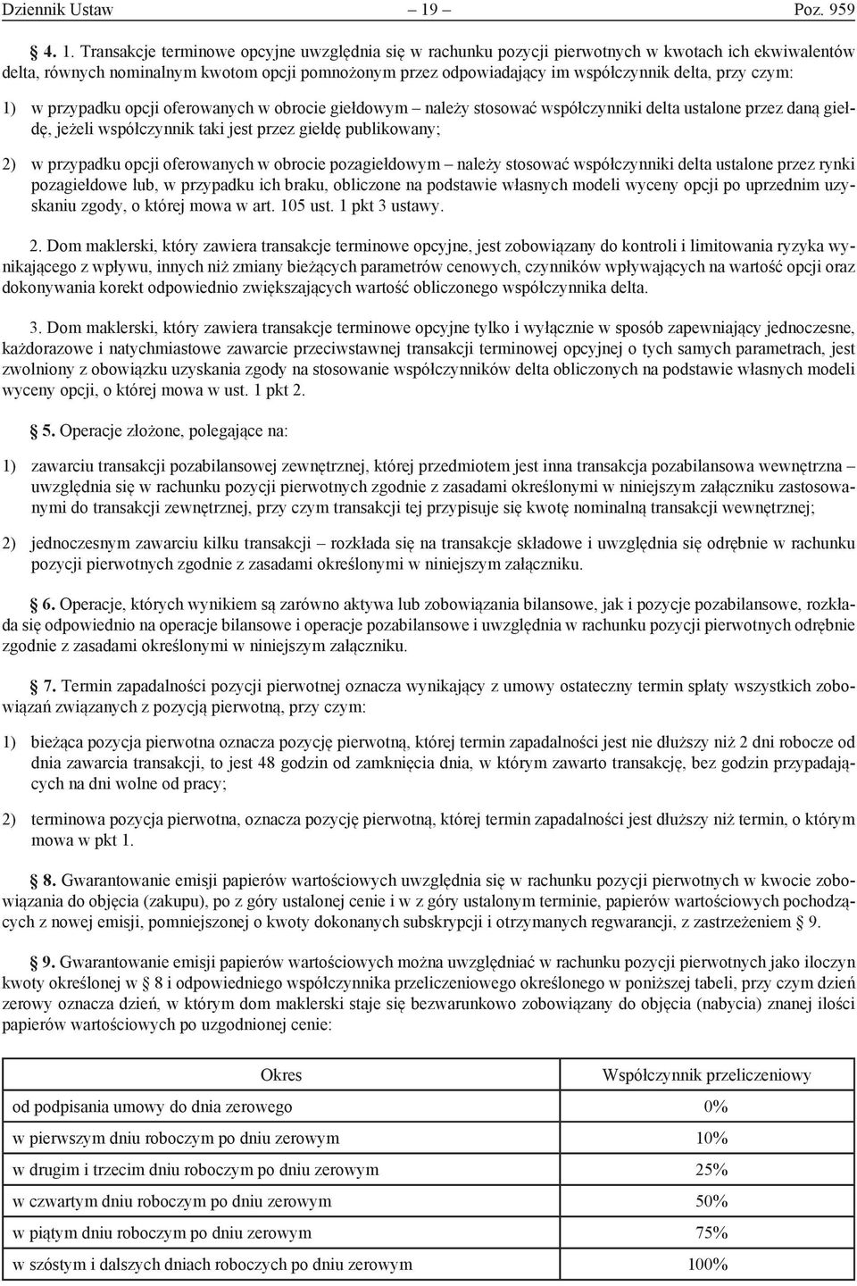 Transakcje terminowe opcyjne uwzględnia się w rachunku pozycji pierwotnych w kwotach ich ekwiwalentów delta, równych nominalnym kwotom opcji pomnożonym przez odpowiadający im współczynnik delta, przy