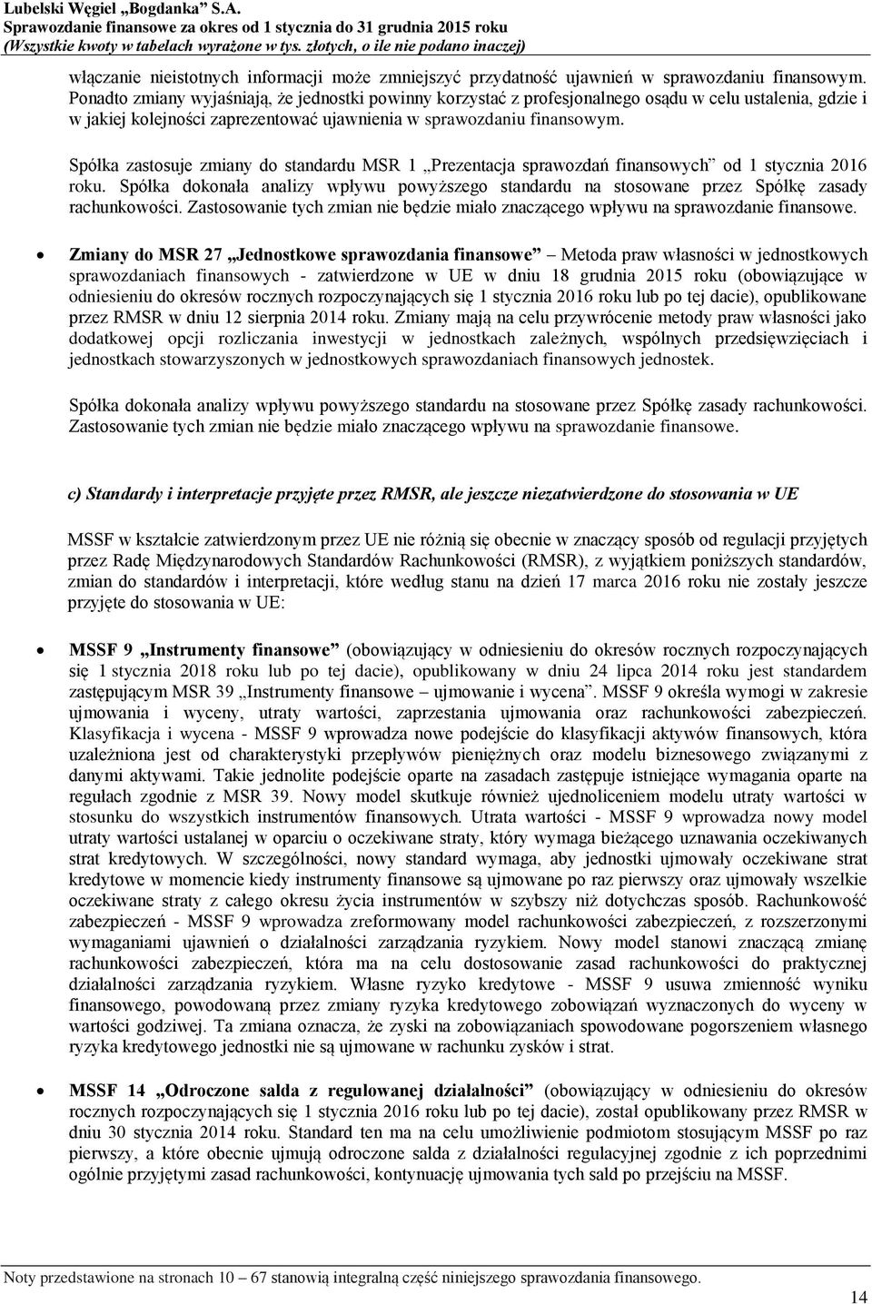 Spółka zastosuje zmiany do standardu MSR 1 Prezentacja sprawozdań finansowych od 1 stycznia 2016 roku.