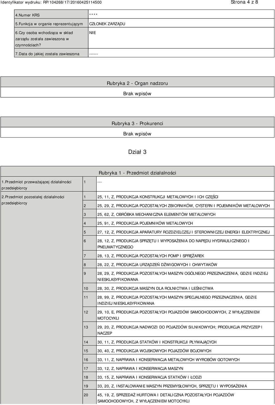 Przedmiot pozostałej działalności przedsiębiorcy 1 --- 1 25, 11, Z, PRODUKCJA KONSTRUKCJI METALOWYCH I ICH CZĘŚCI 2 25, 29, Z, PRODUKCJA POZOSTAŁYCH ZBIORNIKÓW, CYSTERN I POJEMNIKÓW METALOWYCH 3 25,