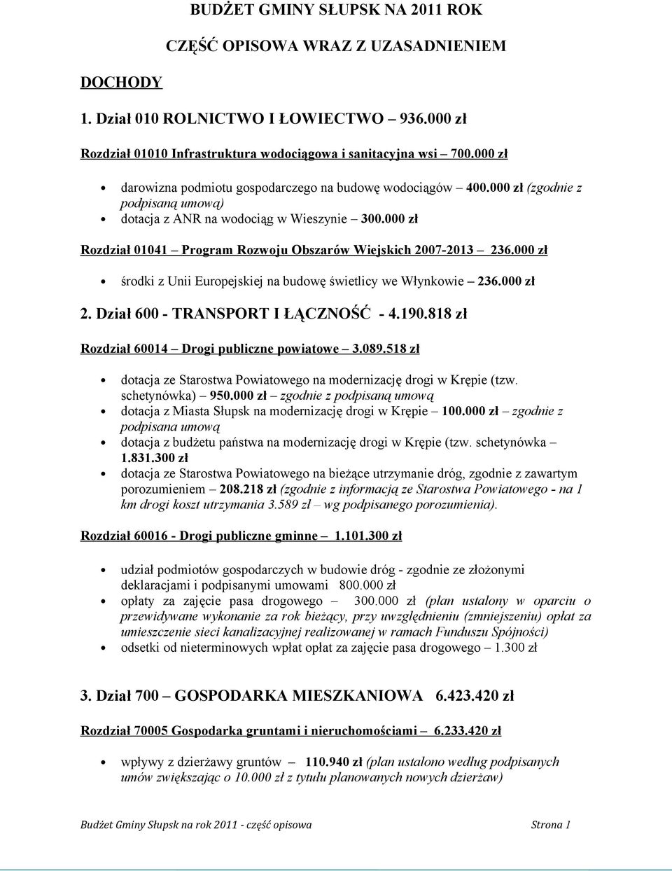 000 zł Rozdział 01041 Program Rozwoju Obszarów Wiejskich 2007-2013 236.000 zł środki z Unii Europejskiej na budowę świetlicy we Włynkowie 236.000 zł 2. Dział 600 - TRANSPORT I ŁĄCZNOŚĆ - 4.190.