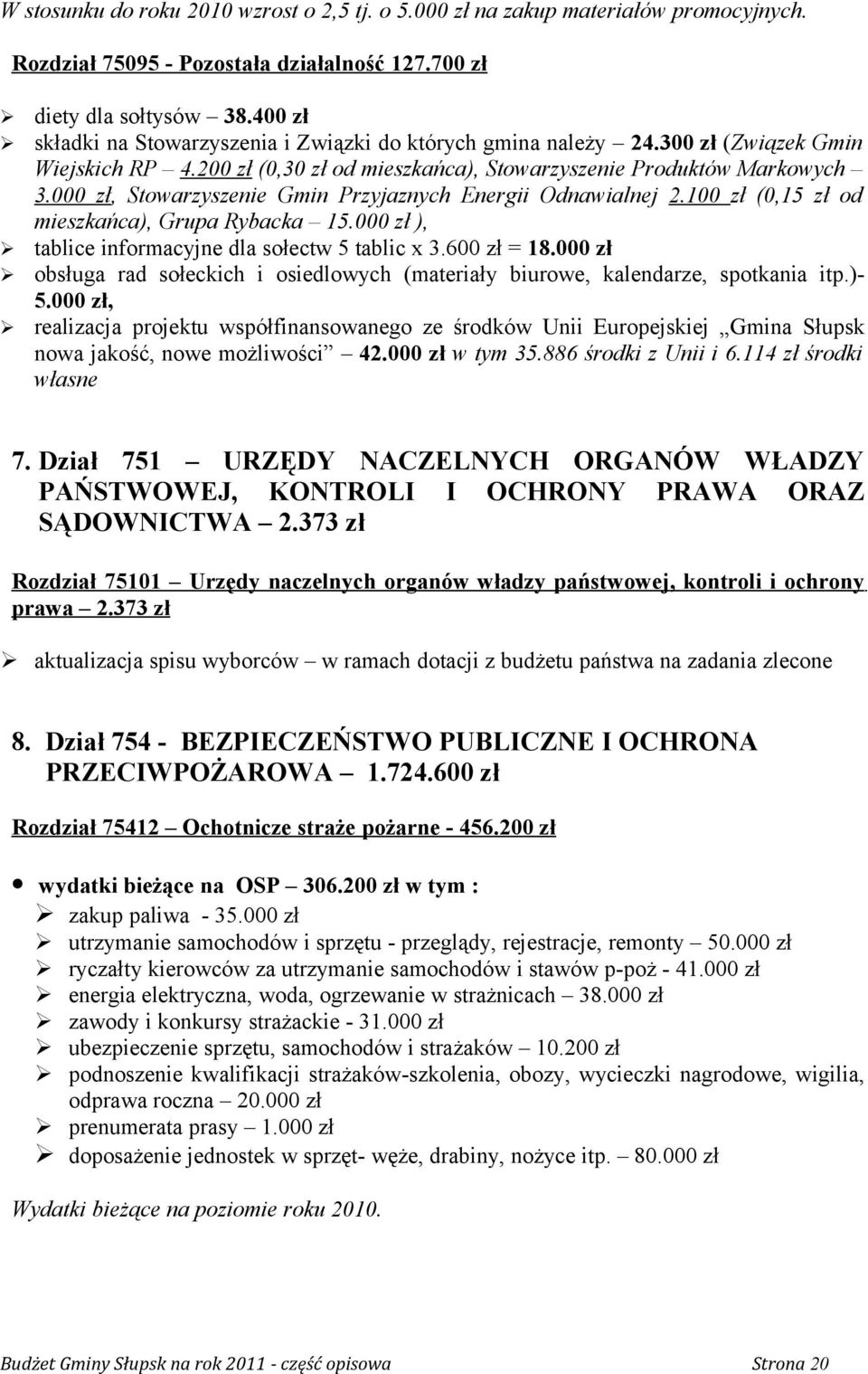 000 zł, Stowarzyszenie Gmin Przyjaznych Energii Odnawialnej 2.100 zł (0,15 zł od mieszkańca), Grupa Rybacka 15.000 zł ), tablice informacyjne dla sołectw 5 tablic x 3.600 zł = 18.