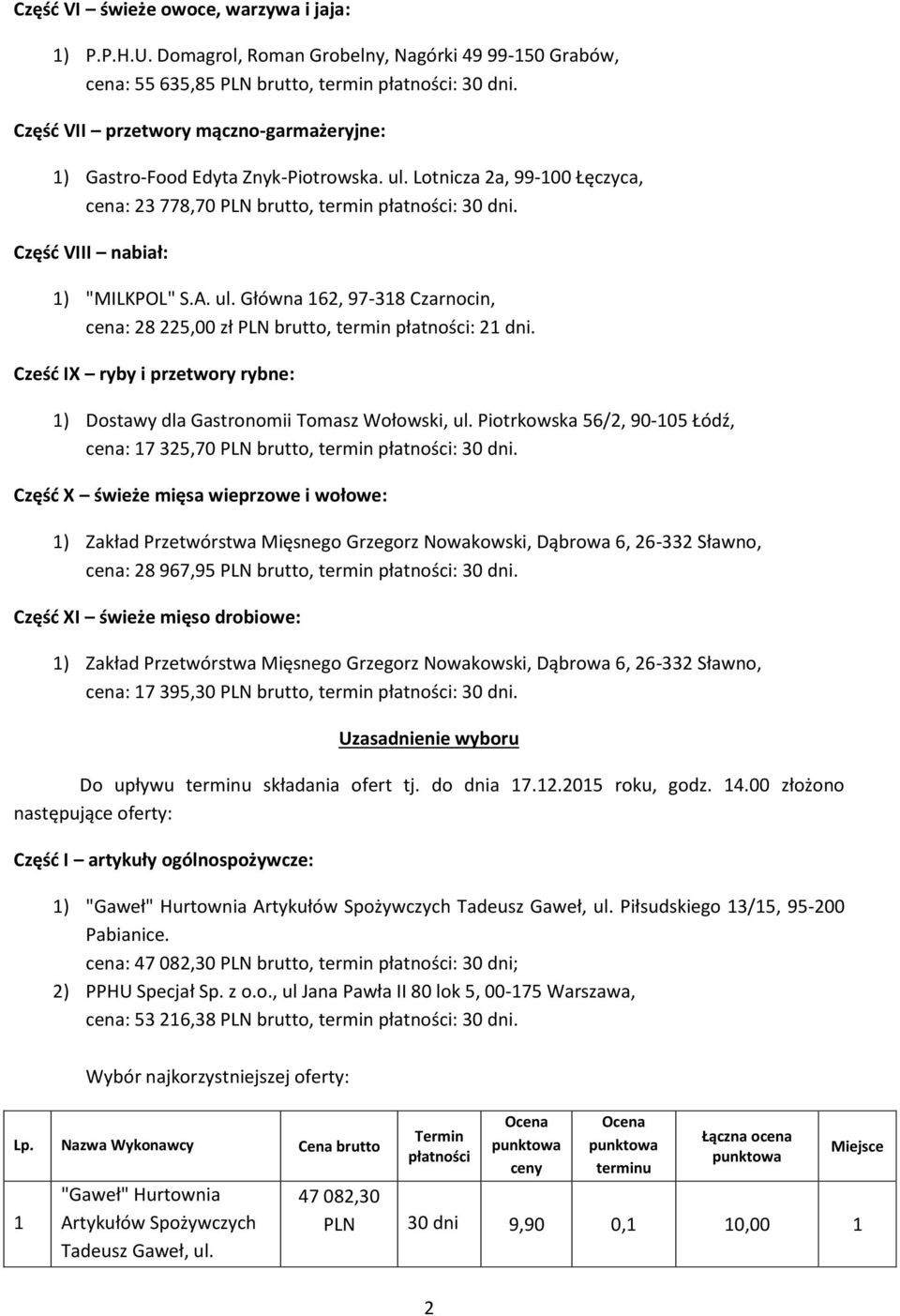 Cześć IX ryby i przetwory rybne: ) Dostawy dla Gastronomii Tomasz Wołowski, ul. Piotrkowska 56/, 90-05 Łódź, cena: 7 35,70 brutto, termin : 30 dni.