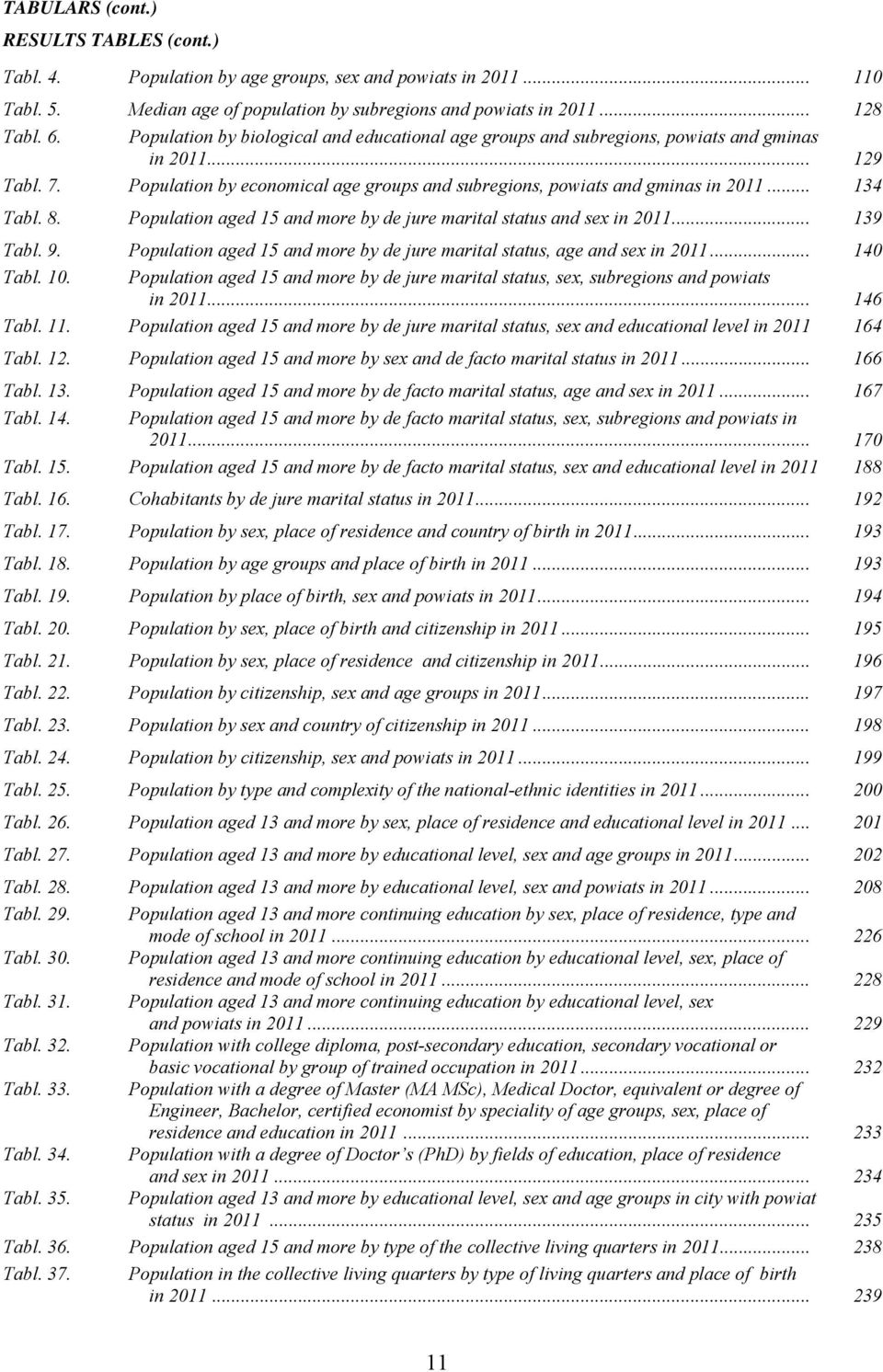 8. Population aged 15 and more by de jure marital status and sex in 2011... 139 Tabl. 9. Population aged 15 and more by de jure marital status, age and sex in 2011... 140 Tabl. 10.