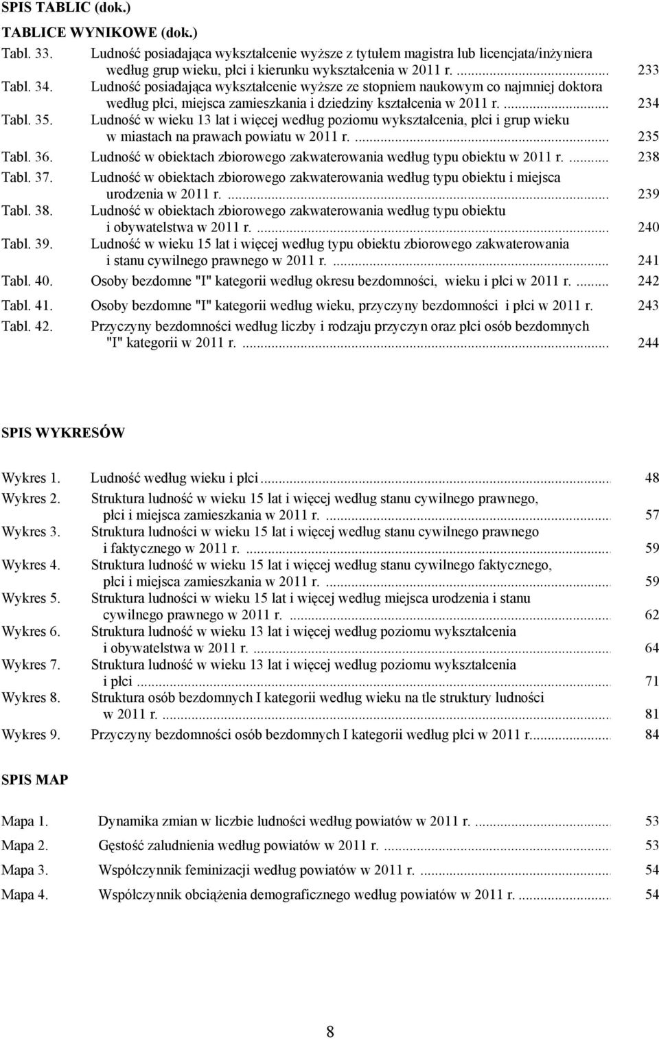 Ludność w wieku 13 lat i więcej według poziomu wykształcenia, płci i grup wieku w miastach na prawach powiatu w 2011 r.... 235 Tabl. 36.