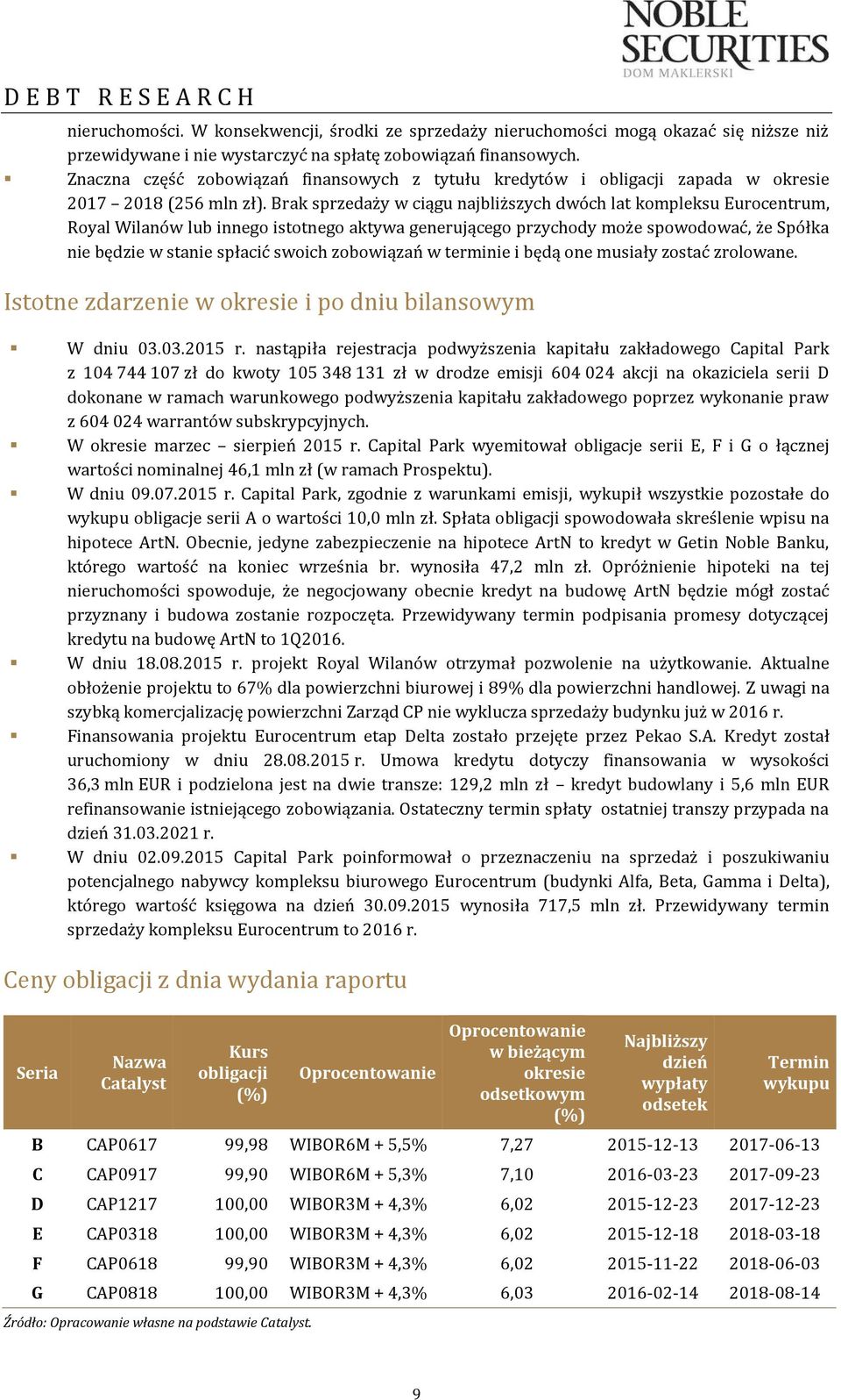 Brak sprzedaży w ciągu najbliższych dwóch lat kompleksu Eurocentrum, Royal Wilanów lub innego istotnego aktywa generującego przychody może spowodować, że Spółka nie będzie w stanie spłacić swoich