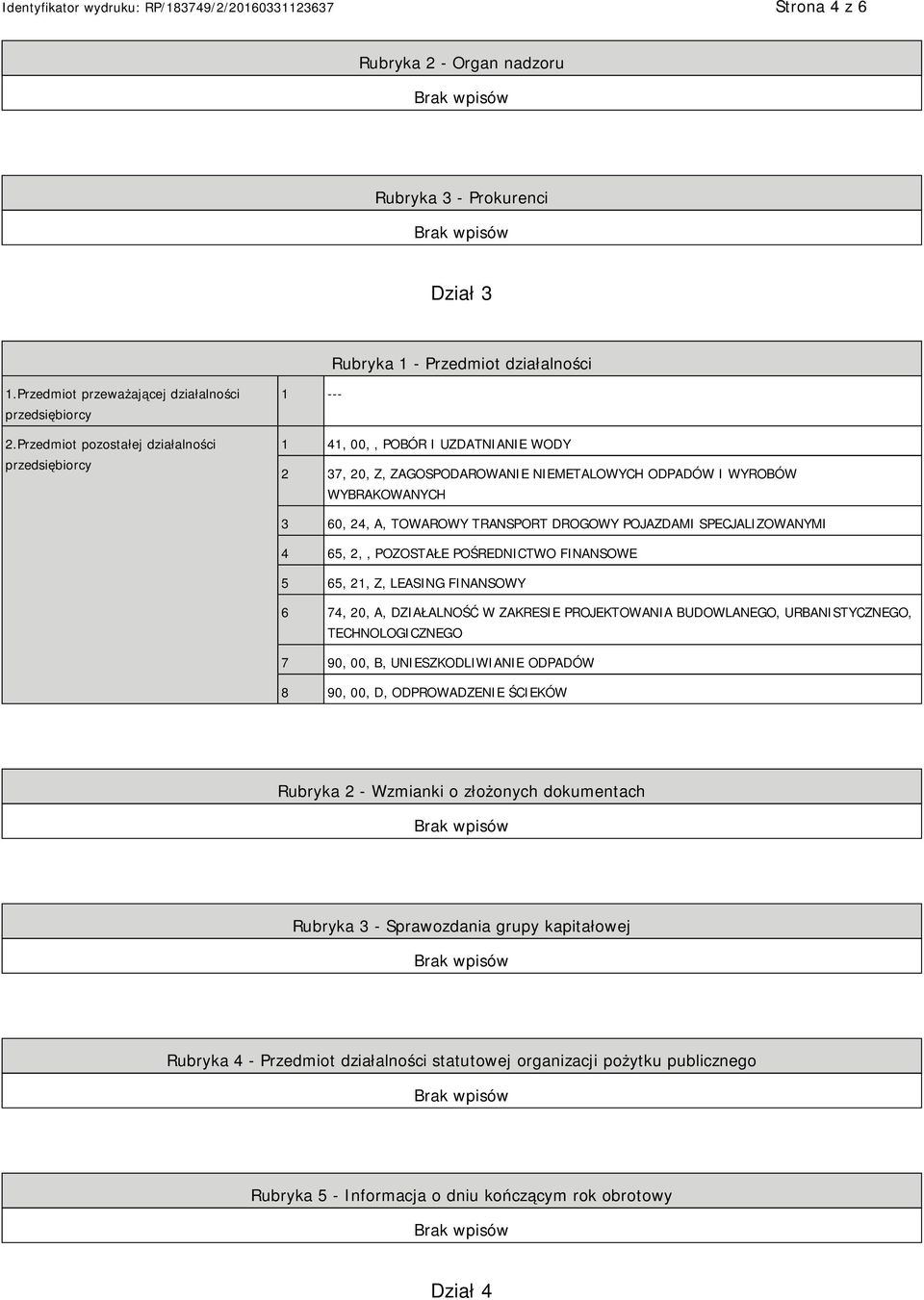 POJAZDAMI SPECJALIZOWANYMI 4 65, 2,, POZOSTAŁE POŚREDNICTWO FINANSOWE 5 65, 21, Z, LEASING FINANSOWY 6 74, 20, A, DZIAŁALNOŚĆ W ZAKRESIE PROJEKTOWANIA BUDOWLANEGO, URBANISTYCZNEGO, TECHNOLOGICZNEGO 7