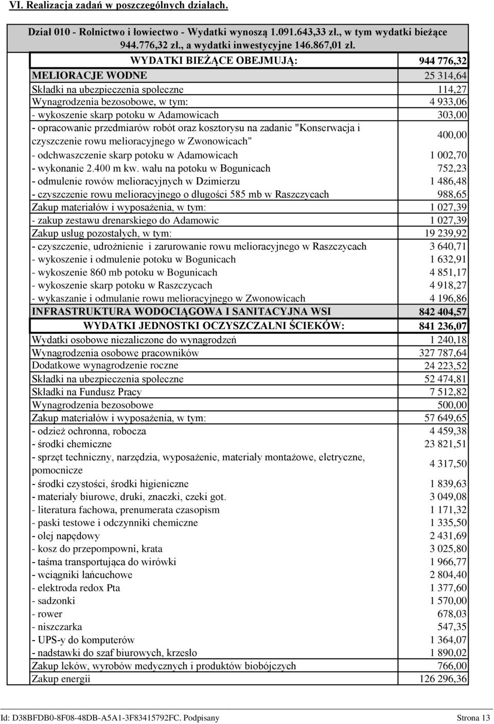 na zadanie "Konserwacja i czyszczenie rowu melioracyjnego w Zwonowicach" - odchwaszczenie skarp potoku w Adamowicach - wykonanie 2.400 m kw.