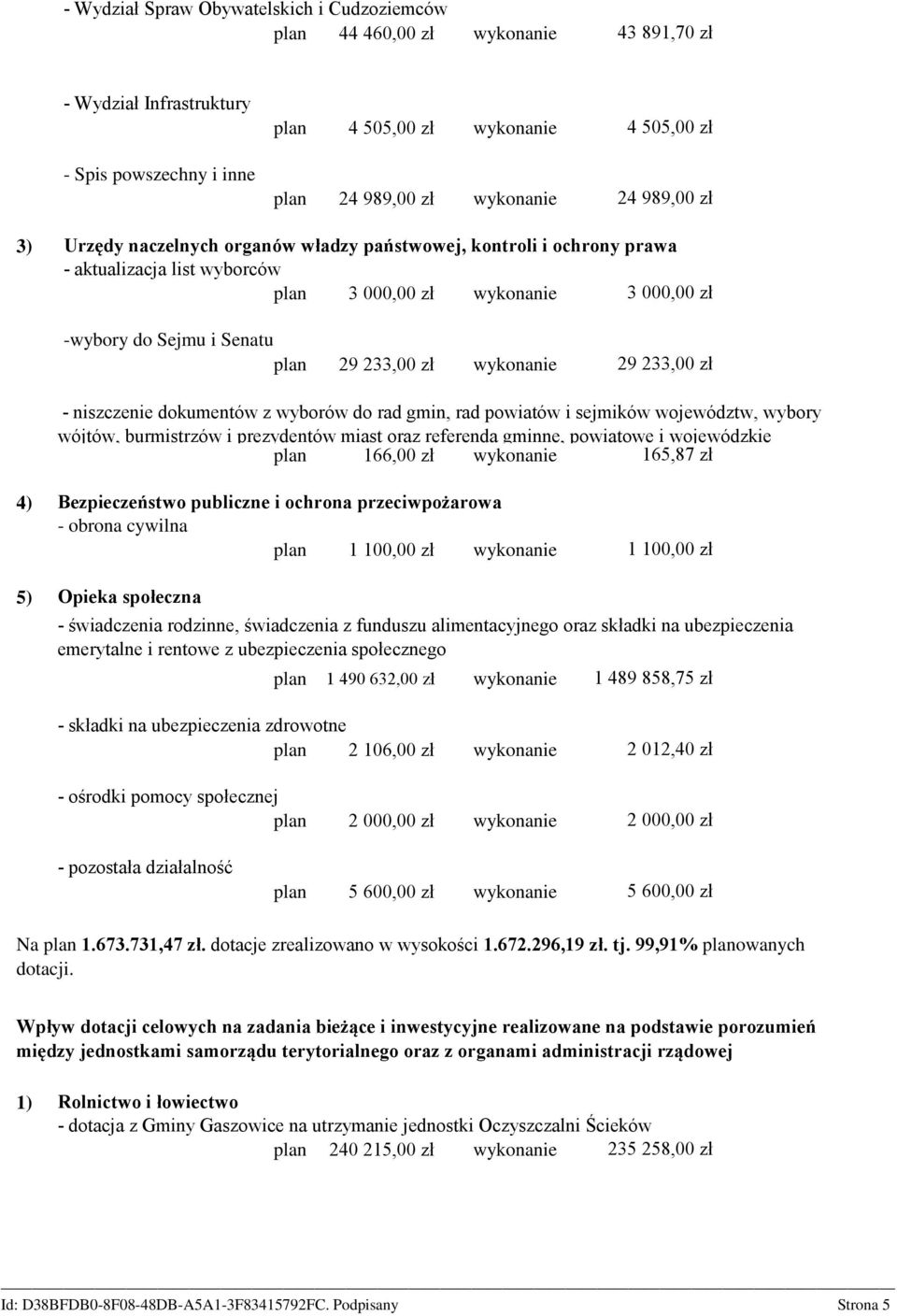 zł wykonanie 29 233,00 zł - niszczenie dokumentów z wyborów do rad gmin, rad powiatów i sejmików województw, wybory wójtów, burmistrzów i prezydentów miast oraz referenda gminne, powiatowe i